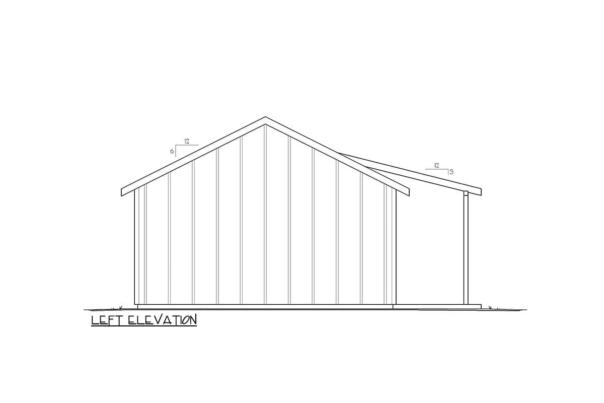 Left elevation house plan drawing shows a pitched roof with a shed roof extension and vertical siding.