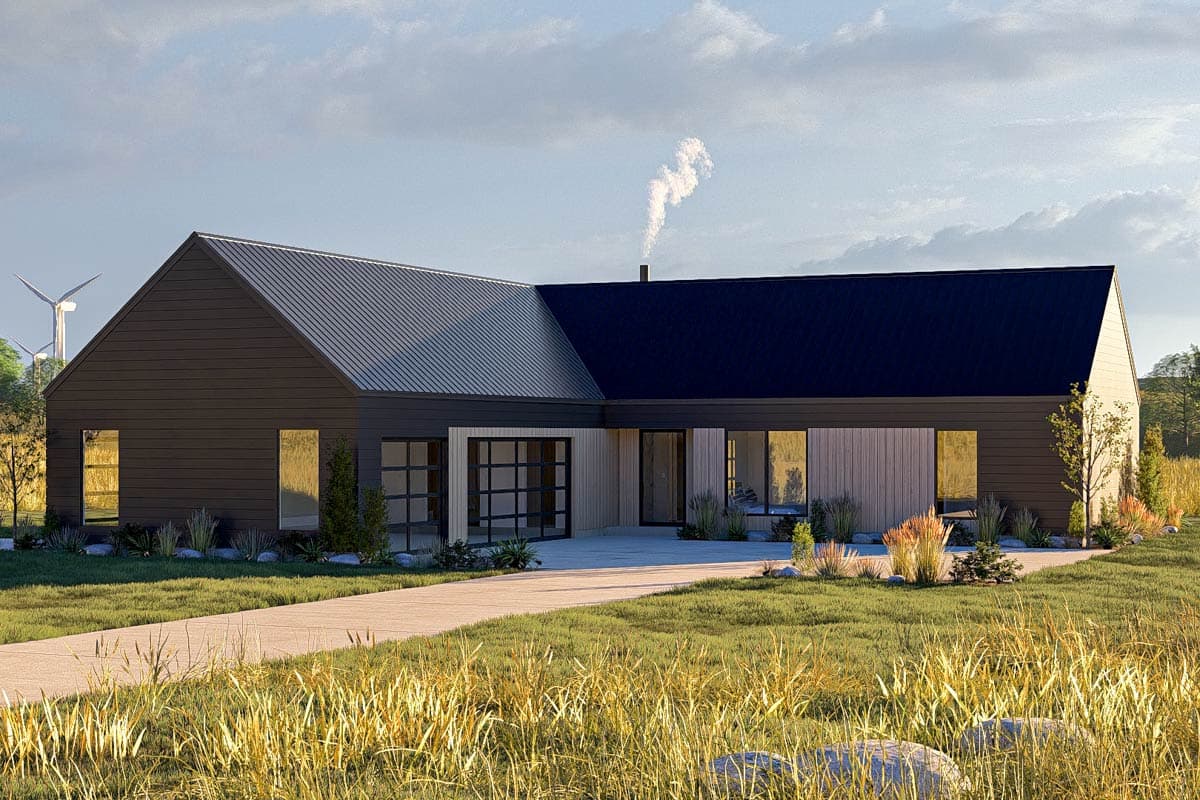 House plan exterior featuring a modern design, metal roof, gabled rooflines, and large windows. Includes attached garage and pathway.