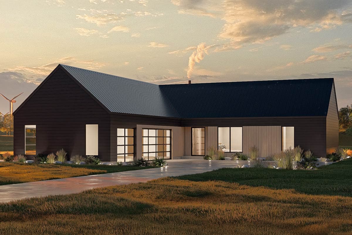 Modern ranch house plan exterior with dark siding, standing seam roof, large windows, and garage.