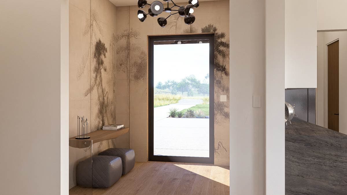 Interior rendering of a hallway with patterned wallpaper, console table, two ottomans, and a large glass door.