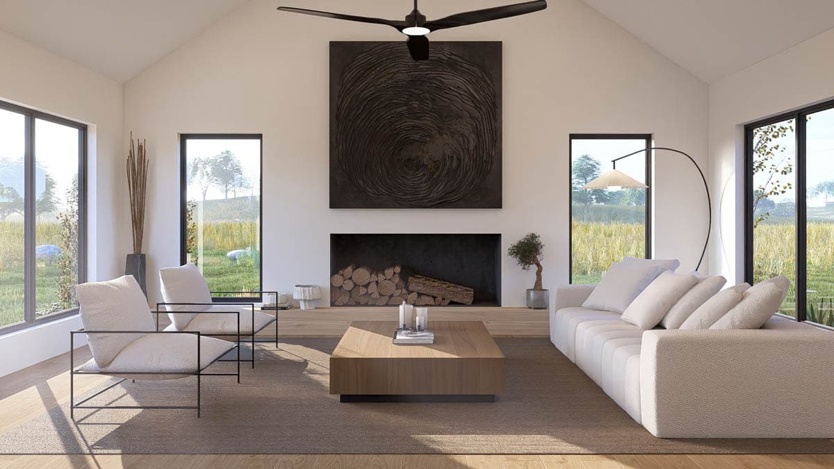 Living room with vaulted ceiling, large windows, fireplace with textured art above, and modern furnishings.