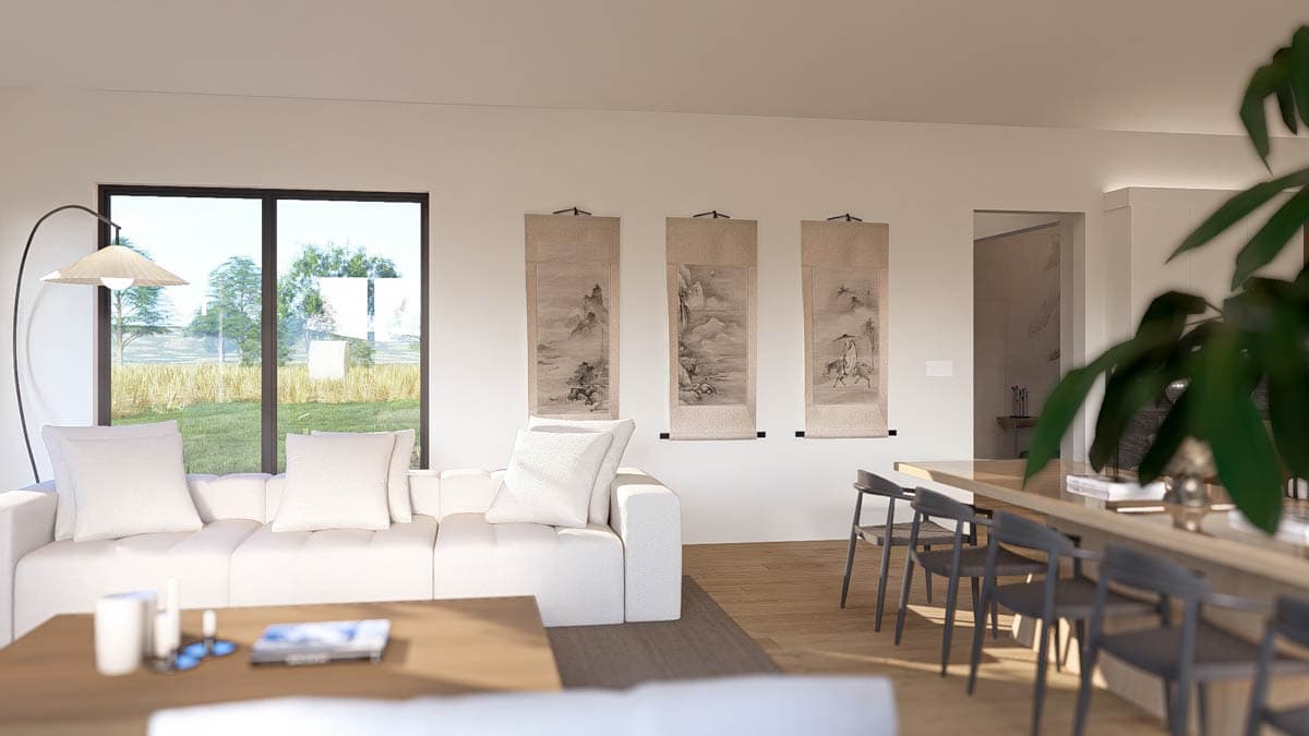 Interior rendering of a living and dining area with a sectional sofa, large window, and scroll art.