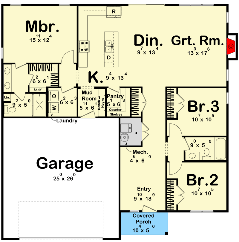 Plan 623508DJ: 3-Bed Traditional House Plan with Split-Bedroom Layout - 1690 sq Ft - Floor Plan - Main Level - Crawl/Slab Option - Cottage, Farmhouse, Traditional