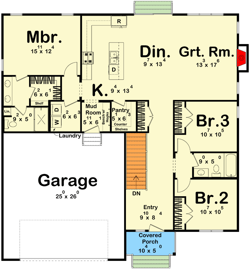Plan 623508DJ: 3-Bed Traditional House Plan with Split-Bedroom Layout - 1690 sq Ft - Floor Plan - Main Level - Cottage, Farmhouse, Traditional