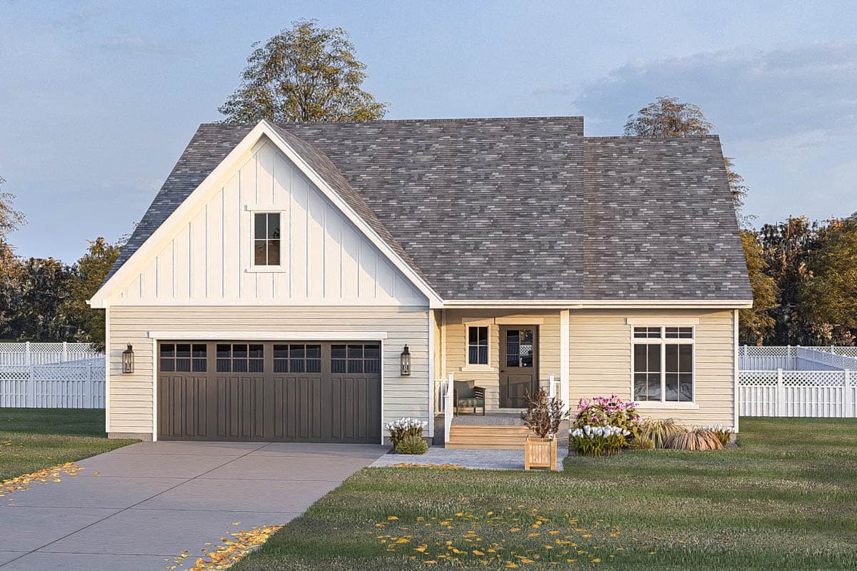 House plan exterior with Craftsman style, single story, and a front-facing garage. Features include gables and a covered front porch.