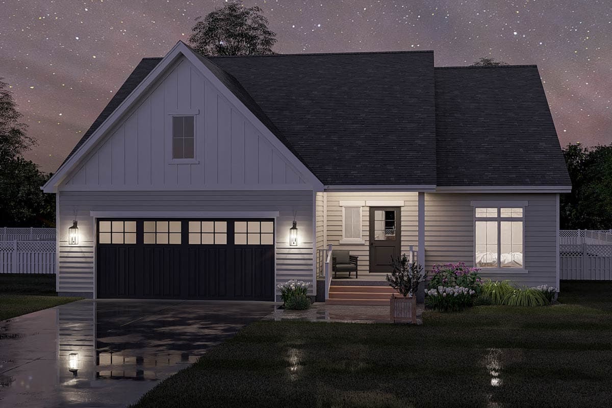 House plan exterior: Single-story Modern Farmhouse with gable, attached garage, and covered porch.