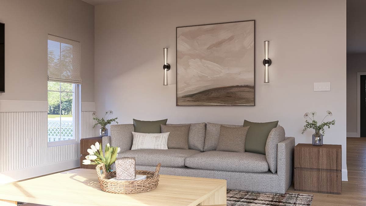 Living room rendering with sofa, coffee table, wainscoting, large window, and abstract wall art.