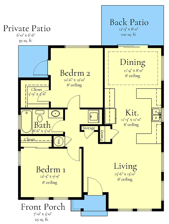 Plan 833055WAT: Charming 2-Bed Cottage ADU House Plan Under 1000 Sq Ft - Floor Plan - Main Level - Cottage, Country, Craftsman