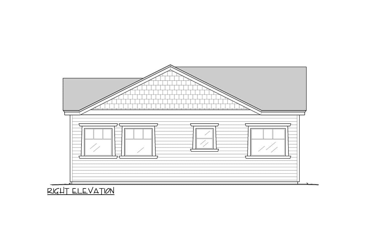 Right elevation drawing of a one-story house plan with horizontal siding and a gabled roof featuring shingle siding in the gable.