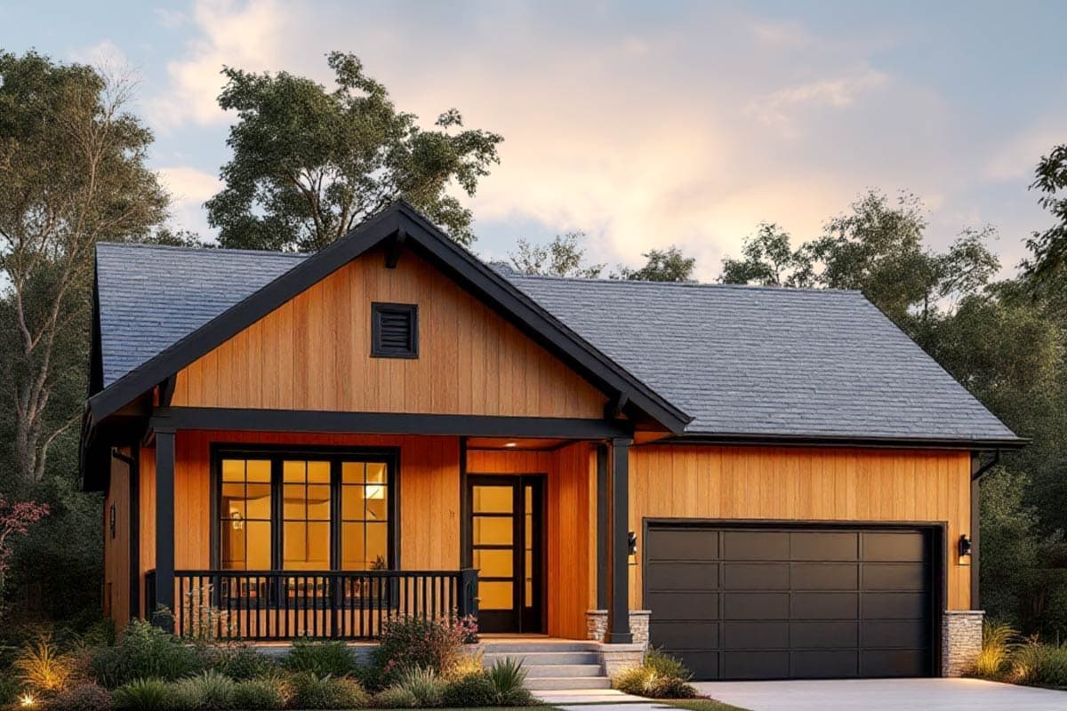 House plan exterior. Craftsman style with a single story, gable roof, covered porch, and attached garage. Featuring dark trim and wood siding.