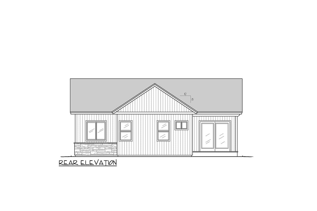 Rear elevation of a house plan featuring a gable roof, vinyl siding, stone accents, and multiple windows.