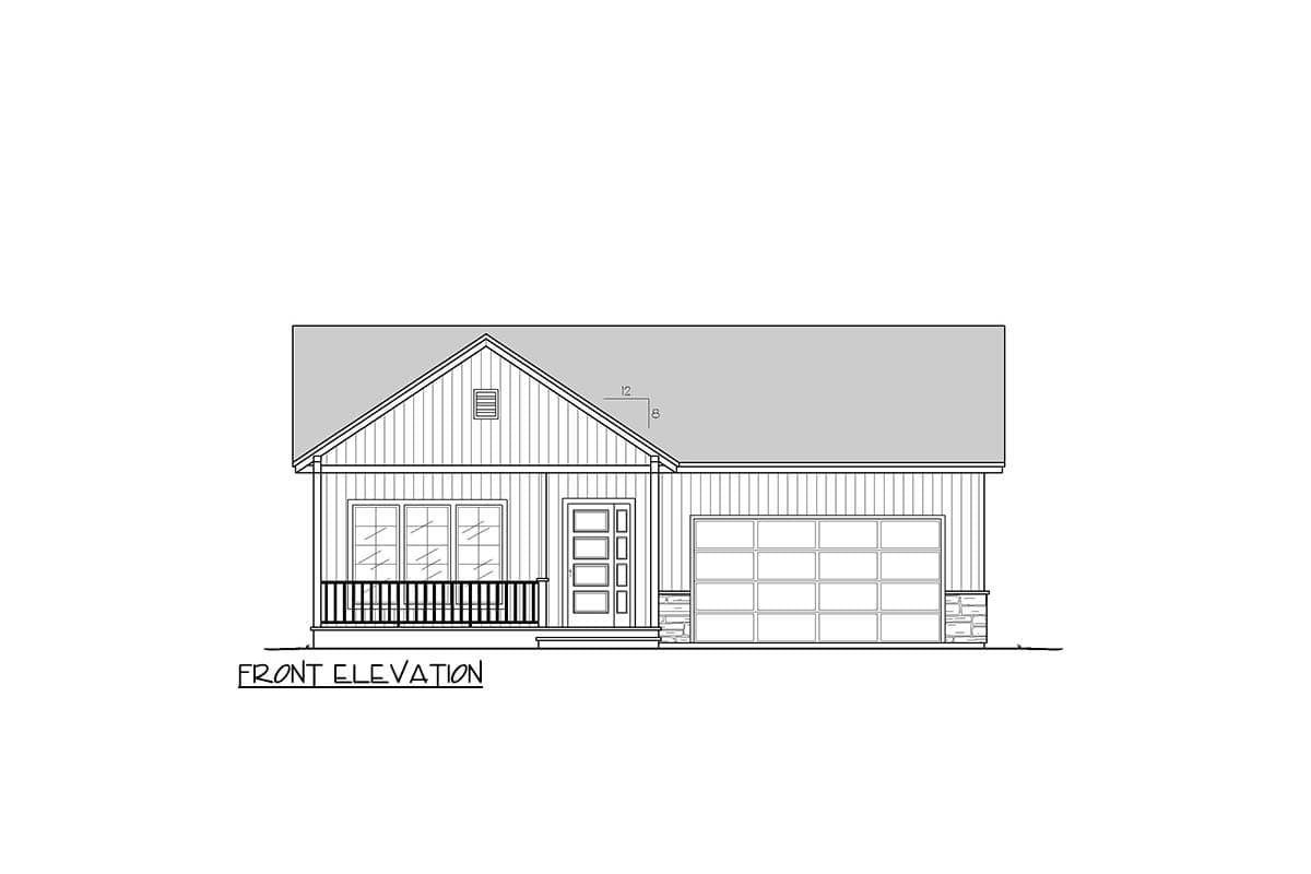 Front elevation drawing of a one-story house with a gable roof, covered porch, and attached garage.