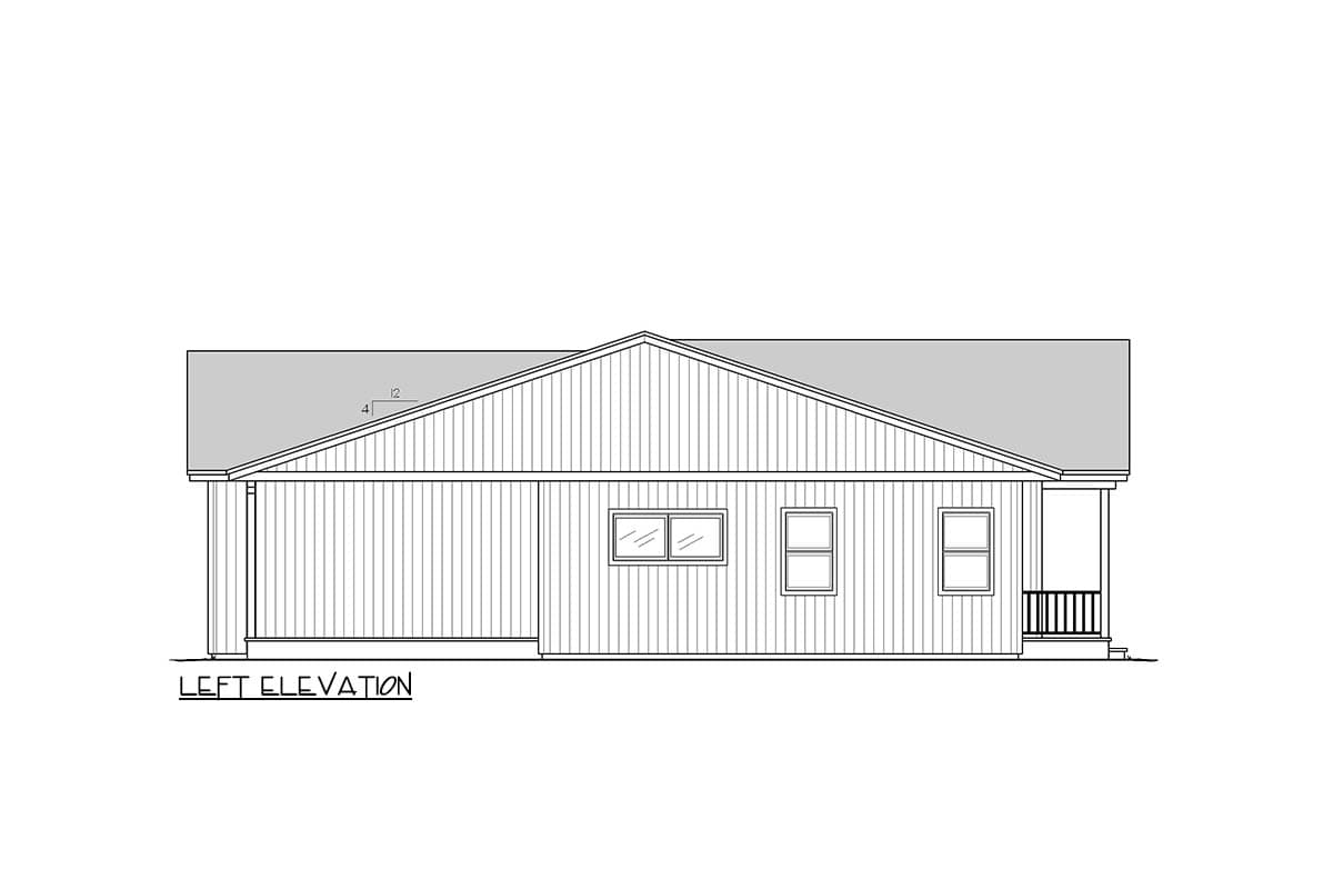 Left elevation of a house plan showing a gable roof, siding, covered porch, and three windows.
