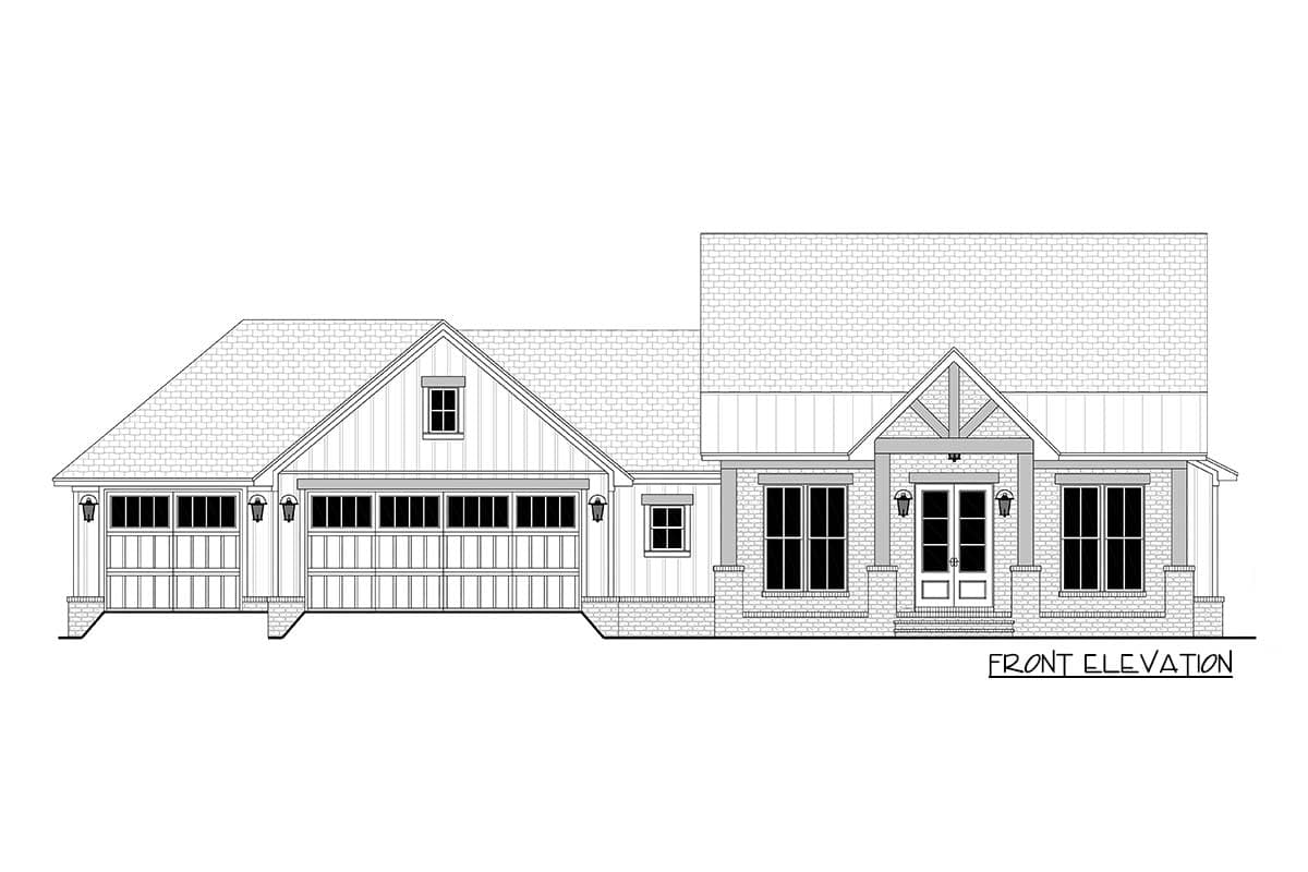 Front elevation of a house plan with a side-facing three-car garage, gabled roofline, and covered entry.