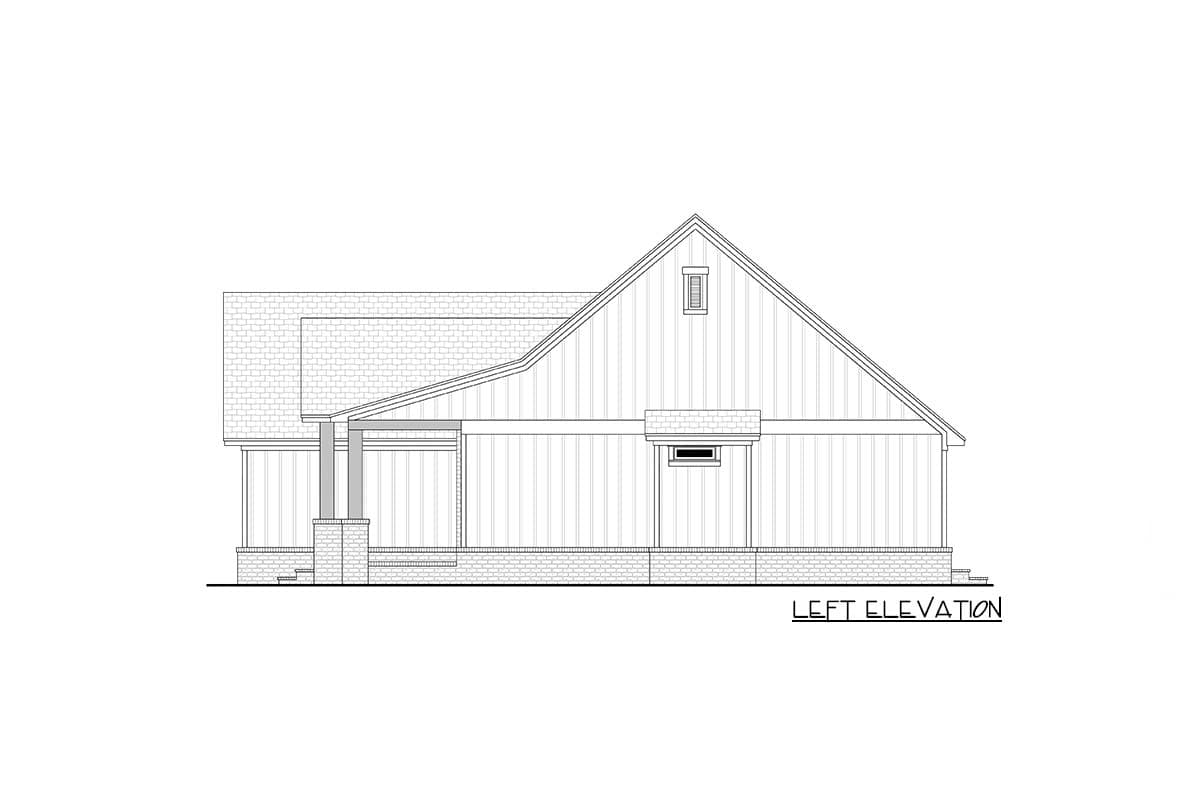 Left elevation drawing of a house plan featuring a prominent gable, covered porch with brick pillars, and board-and-batten siding.