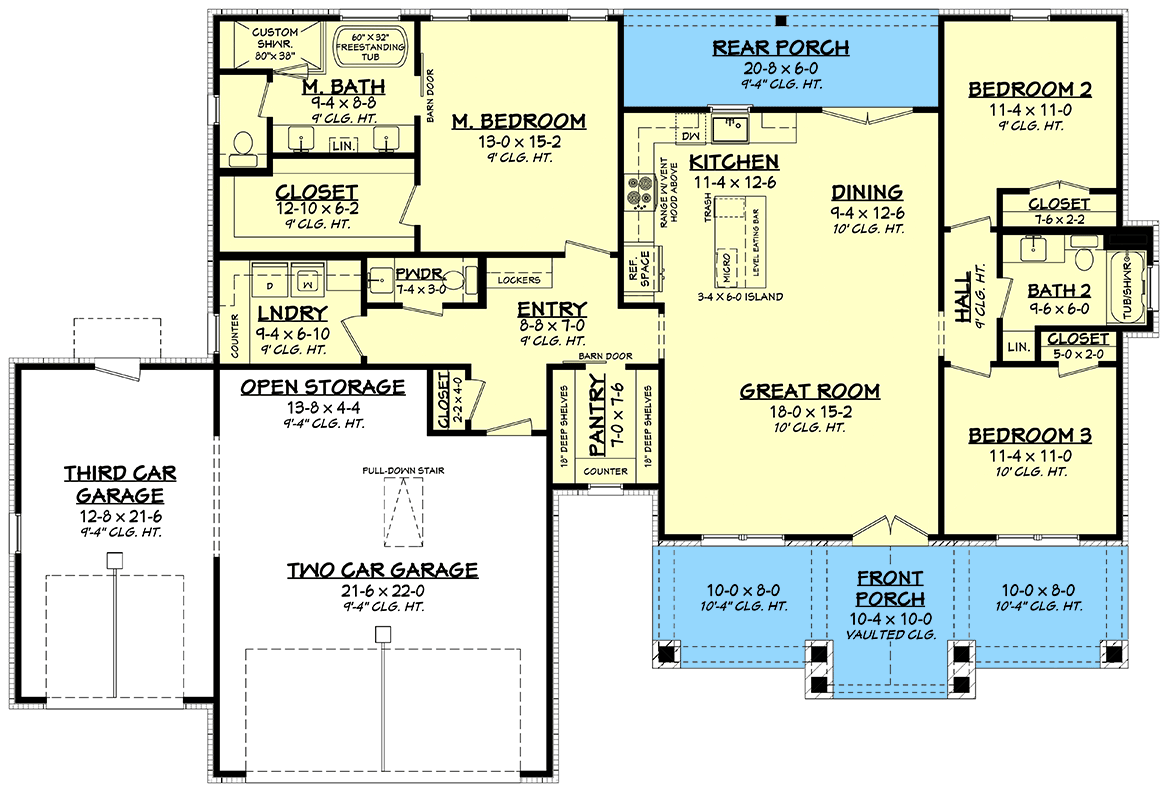 Plan 52000HZ: 3-Bed Country Craftsman House Plan with 3-Car Garage - 1700 Sq Ft - Floor Plan - Main Level - Country, Craftsman, Modern Farmhouse, Traditional