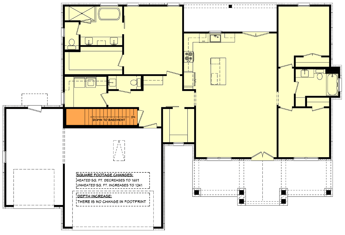 Plan 52000HZ: 3-Bed Country Craftsman House Plan with 3-Car Garage - 1700 Sq Ft - Floor Plan - Main Level - Basement Stairs Location - Country, Craftsman, Modern Farmhouse, Traditional