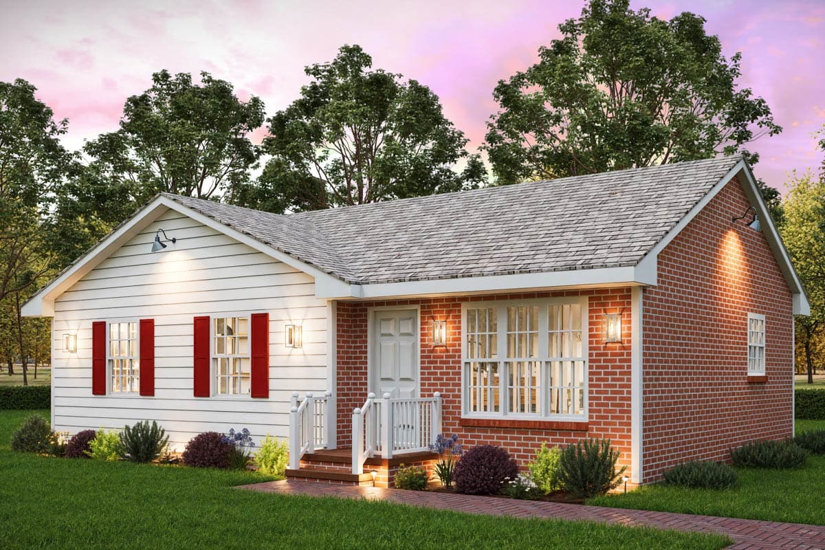 House plan exterior: one-story, brick and white siding, front porch with white railings, red shutters, gabled roof.