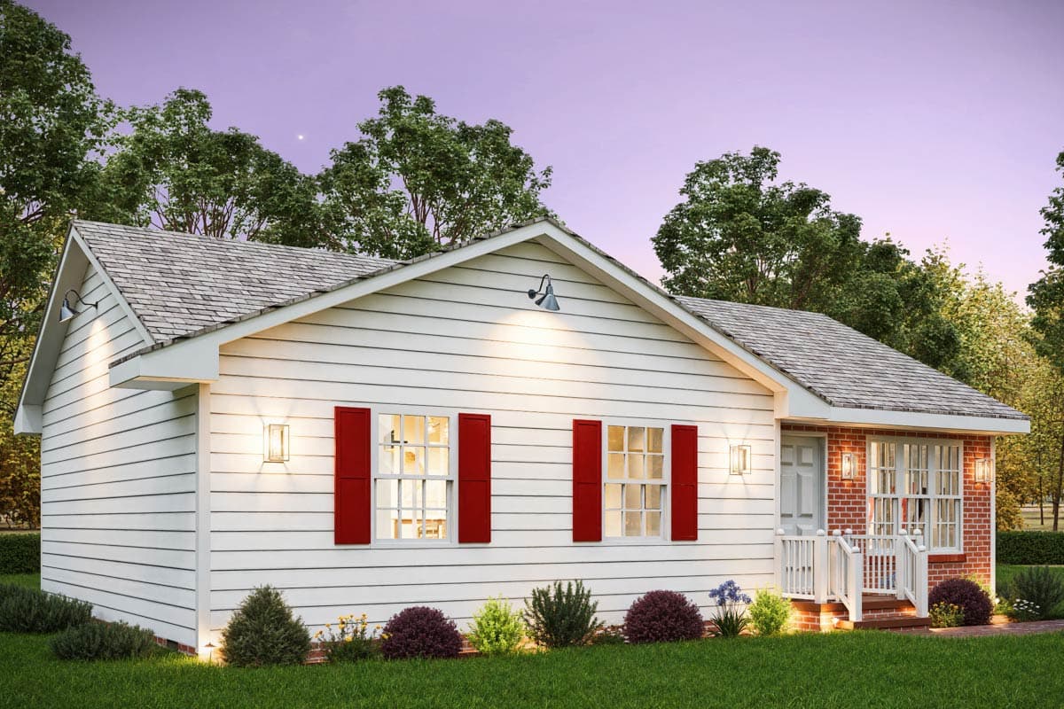 Ranch house plan exterior with white horizontal siding, brick accents, a gable roof, and a small front porch with white railings.