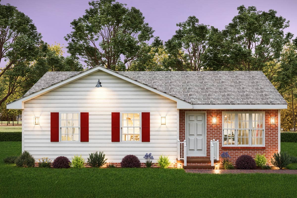 Ranch house plan exterior with white siding, red shutters, brick accent, and a front-facing gable.