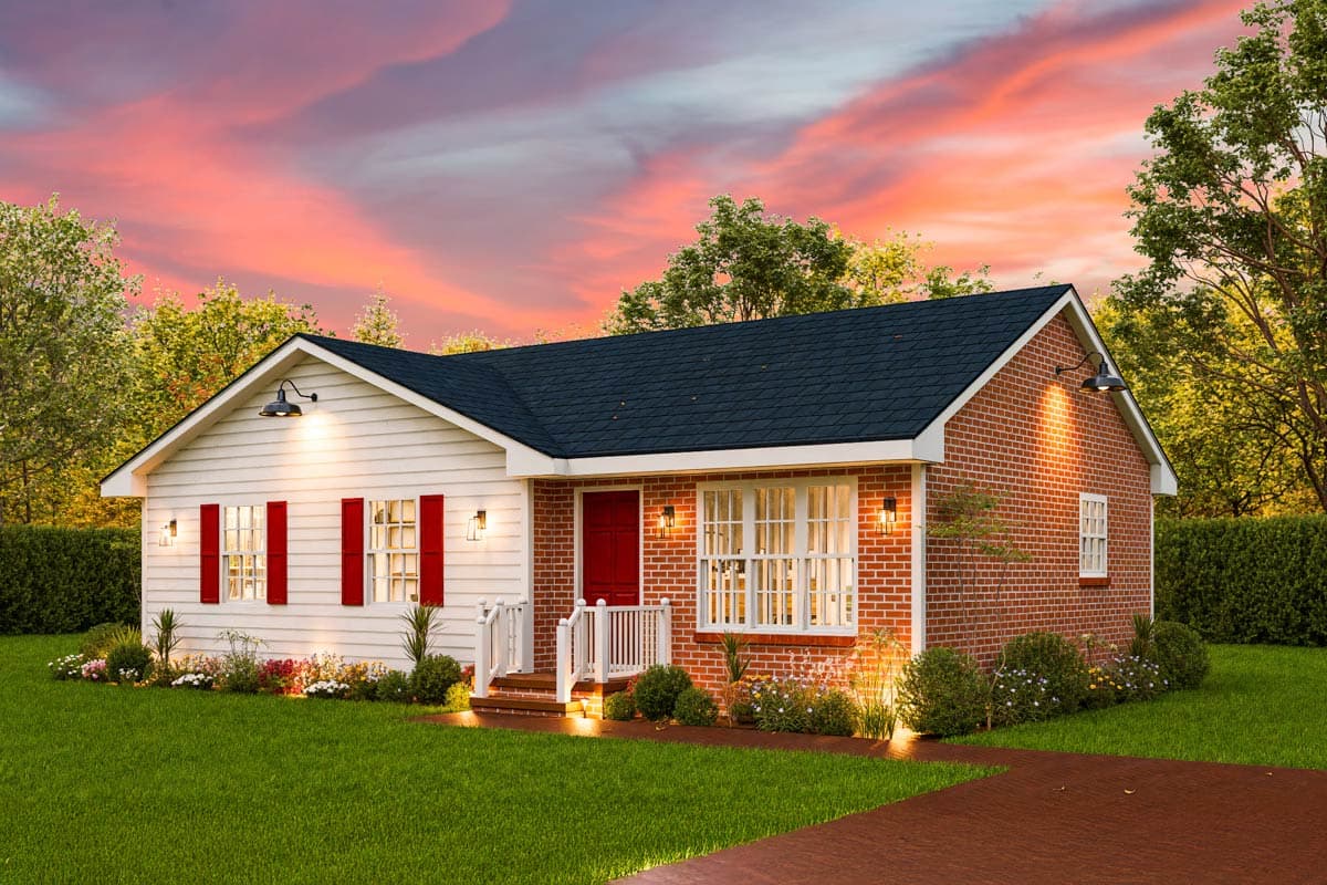 House plan exterior: One-story home with white siding, red shutters, brick facade, front porch, and dark gable roof.