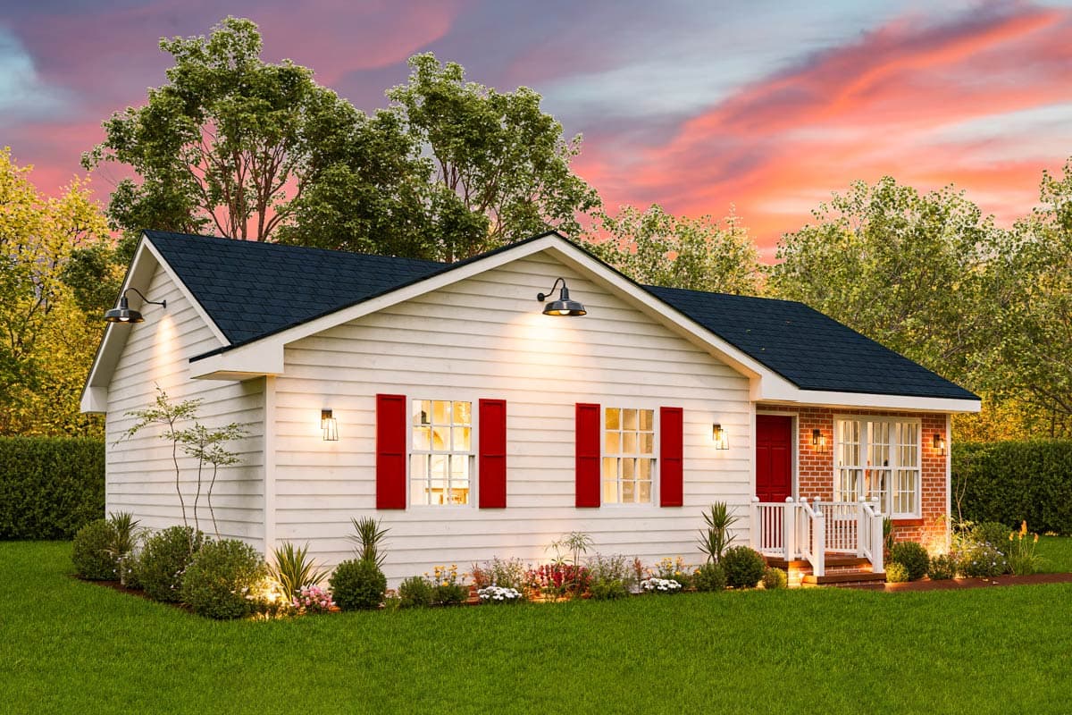 House plan exterior of a one-story home with white siding, red shutters, and a brick front entrance porch.