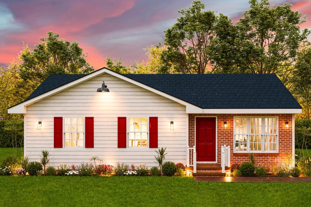 House plan exterior. One-story Ranch style home with gabled roof, brick facade, and a covered porch.
