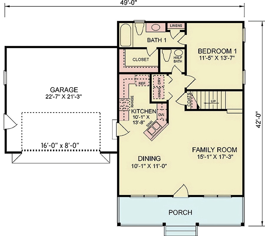 Plan 25859GE: 3-Bed Modern Farmhouse Plan with Unfinished Bonus Room Above Under 1500 Sq Ft - Floor Plan - Main Level - Country, Modern Farmhouse