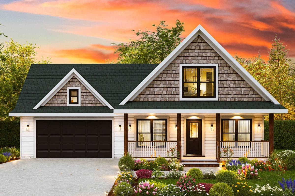 House plan exterior: Modern Farmhouse style, 1.5 stories, with a side-entry garage, prominent gable, and covered front porch.