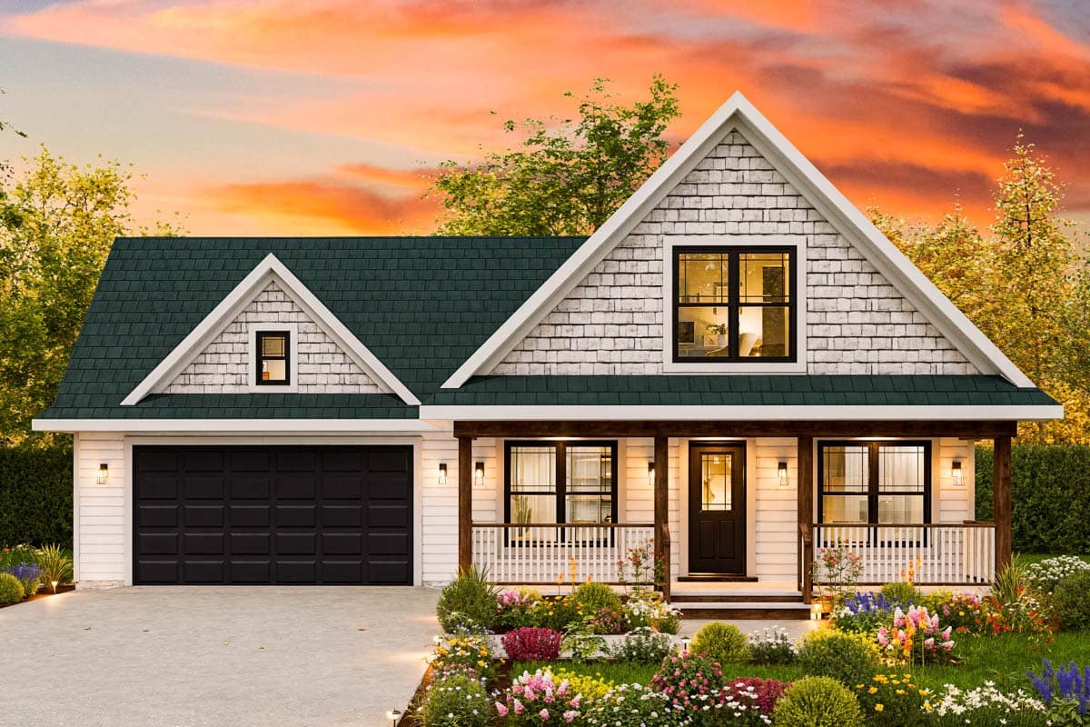 Modern Farmhouse house plan exterior with gables, a covered porch with wood posts, and a side-facing garage.