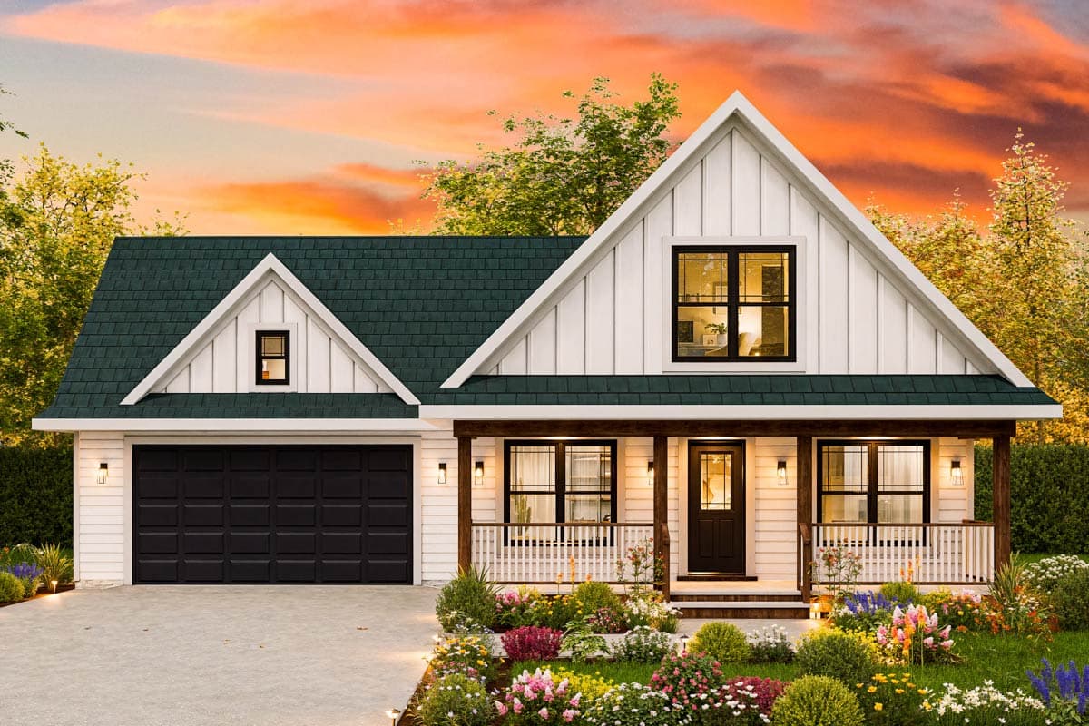 Modern Farmhouse house plan exterior: white siding, gabled roof, covered front porch, and attached garage.