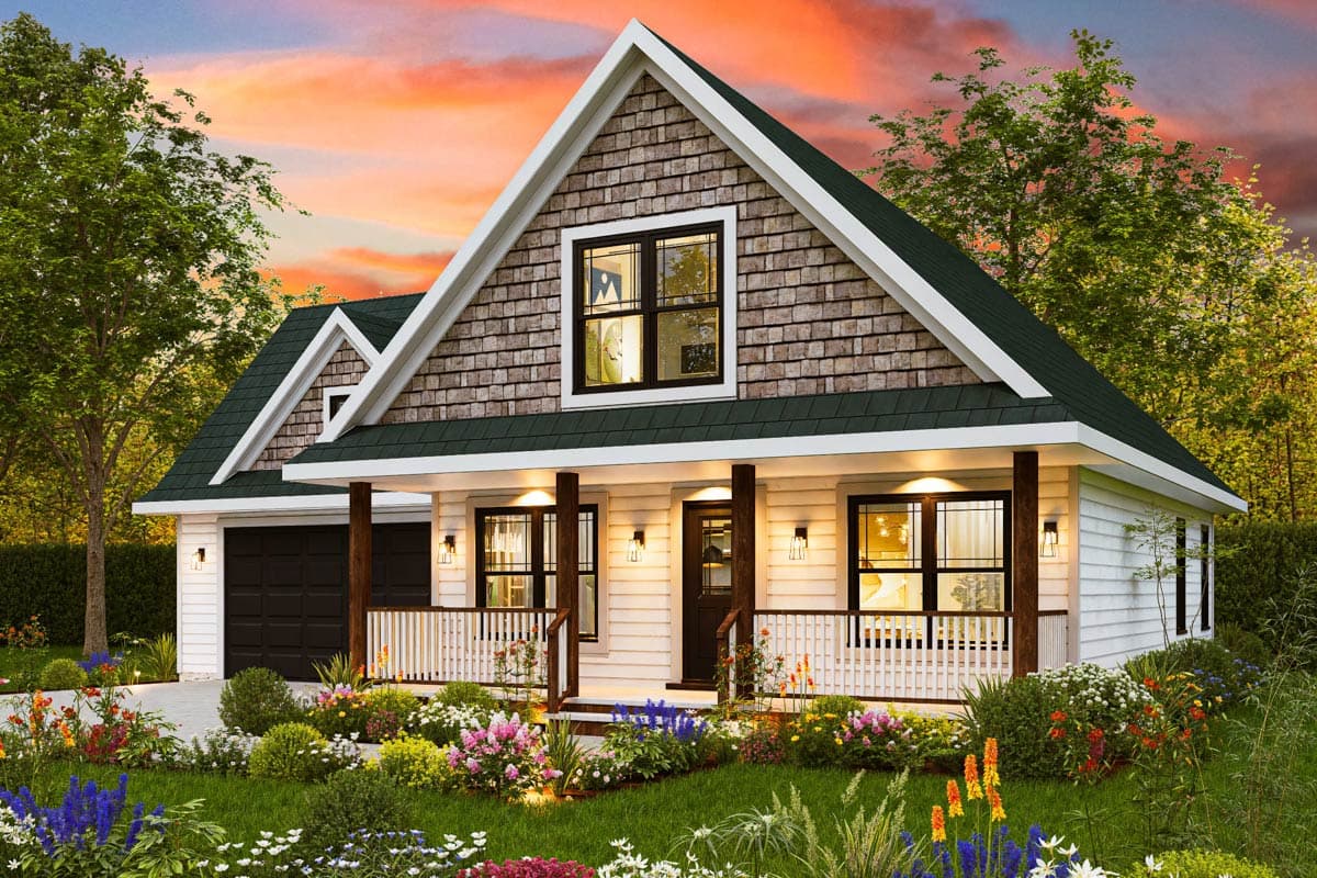 House plan exterior: Modern Farmhouse style, 1.5 stories, gable roof, prominent dormer, covered front porch with white railing.