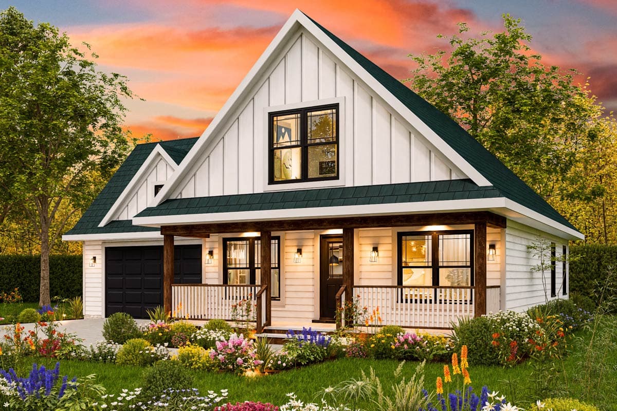 Modern Farmhouse house plan exterior, 1.5 stories, front porch, gables, board and batten siding, attached garage.