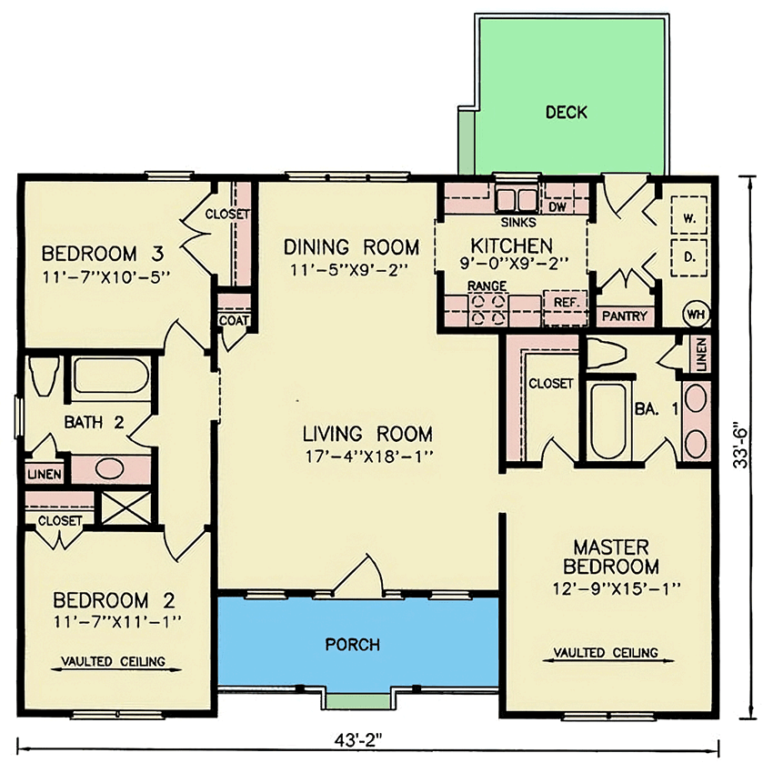 Plan 25860GE: Single-Story Symmetrical Ranch House Plan with Vaulted Master Bedroom - 1316 Sq Ft - Floor Plan - Main Level - Country, Ranch
