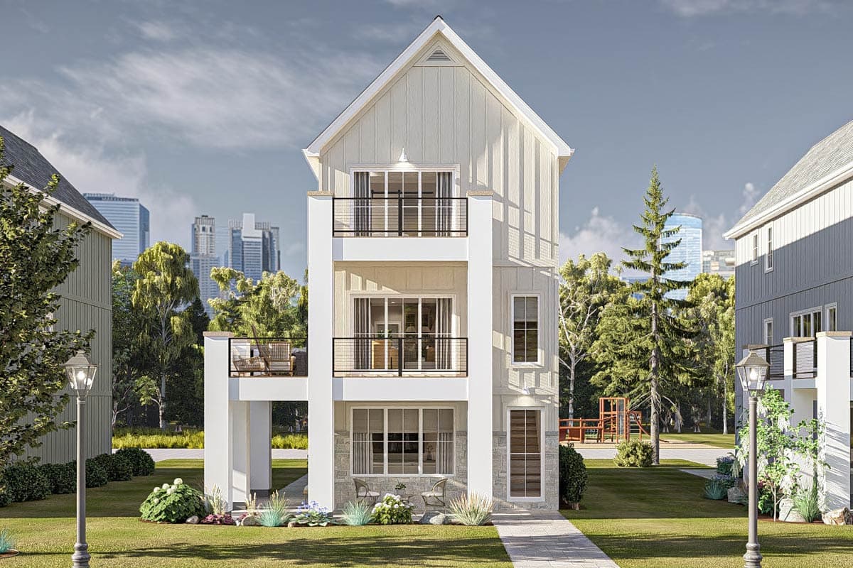 House plan exterior. Three-story Modern Farmhouse with balcony, shed roof, and vertical siding, and a gabled roof.