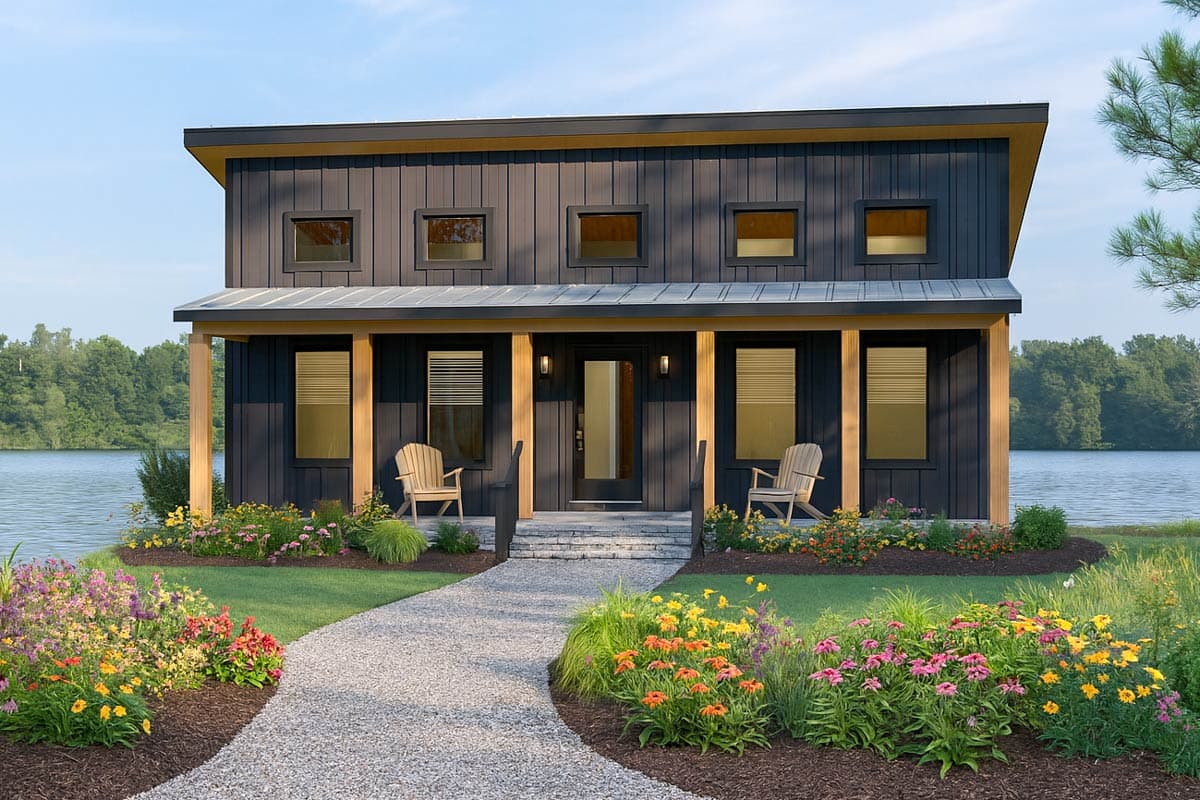 House plan exterior. Two-story modern house with a covered porch, a shed roof, and vertical siding. Features include multiple windows and a walkway.