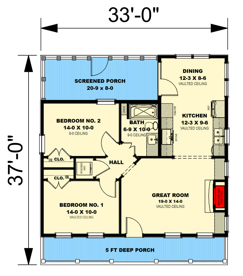 Plan 25064DH: Mid-Century Modern Cottage House Plan with Vaulted Living Space Under 1000 Sq Ft - Floor Plan - Main Level - Cabin, Cottage, Mid Century Modern, Modern, Mountain, Vacation