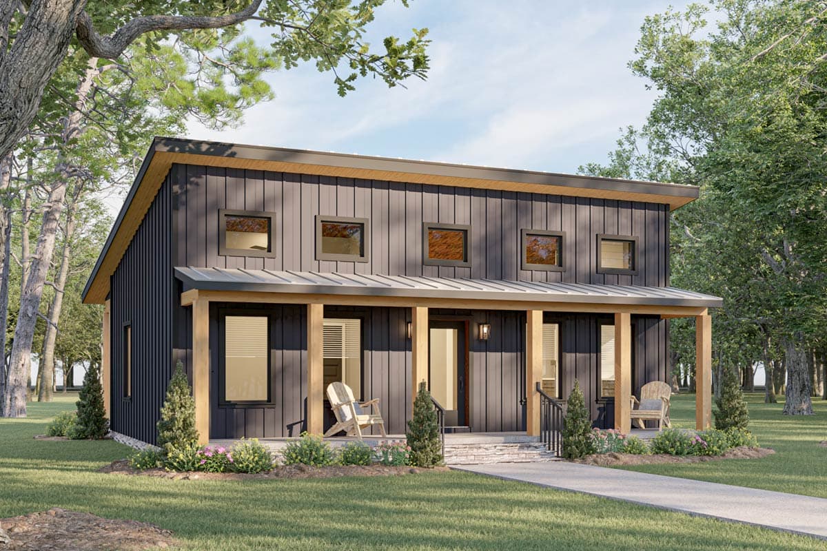 Modern house plan exterior: two stories, dark vertical siding, porch with wood columns, and a shed roofline.