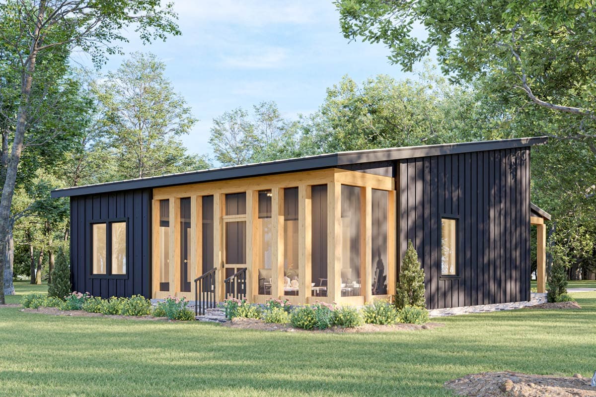 Modern house plan exterior with dark vertical siding, large screened-in porch, and a shed roof.