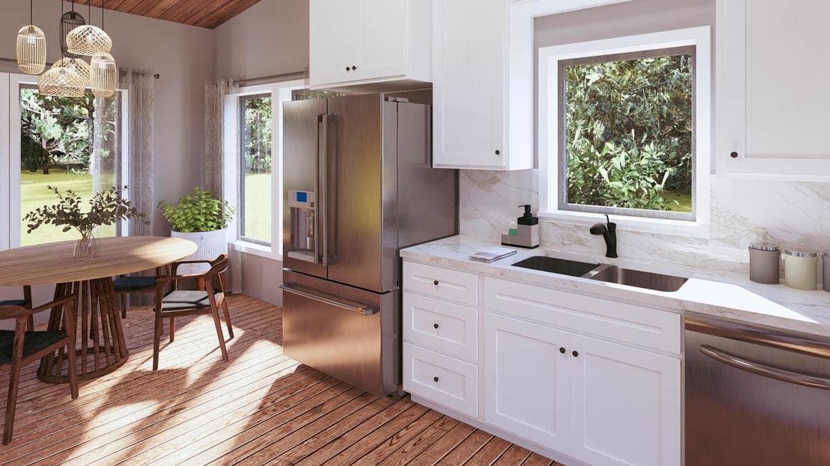 Plan 25064DH: Mid-Century Modern Cottage House Plan with Vaulted Living Space Under 1000 Sq Ft - Image #8 - Cabin, Cottage, Mid Century Modern, Modern, Mountain, Vacation