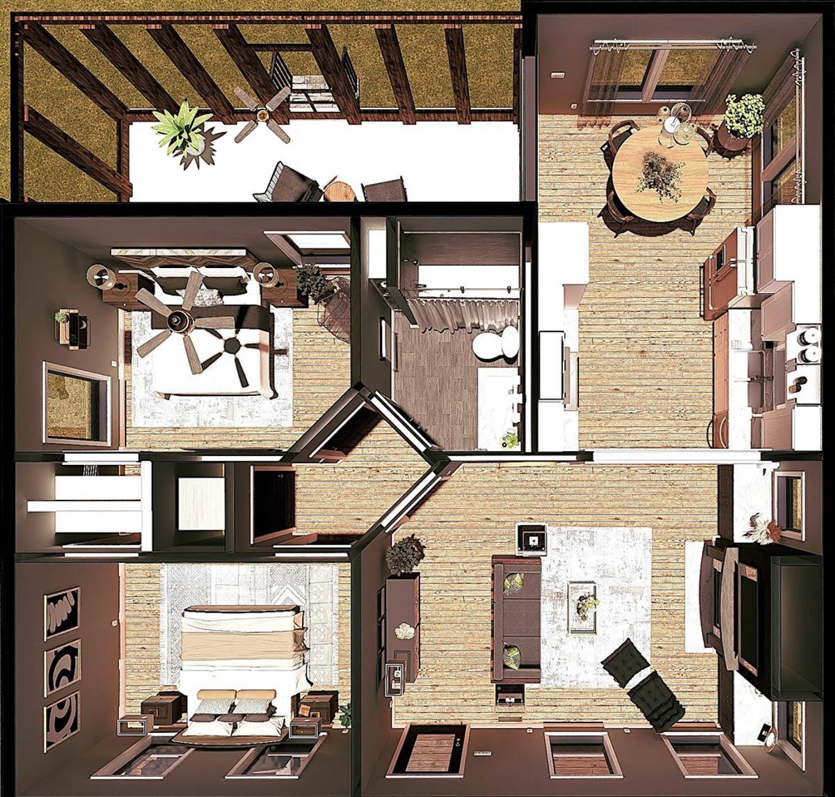 Plan 25064DH: Mid-Century Modern Cottage House Plan with Vaulted Living Space Under 1000 Sq Ft - Image #13 - Cabin, Cottage, Mid Century Modern, Modern, Mountain, Vacation