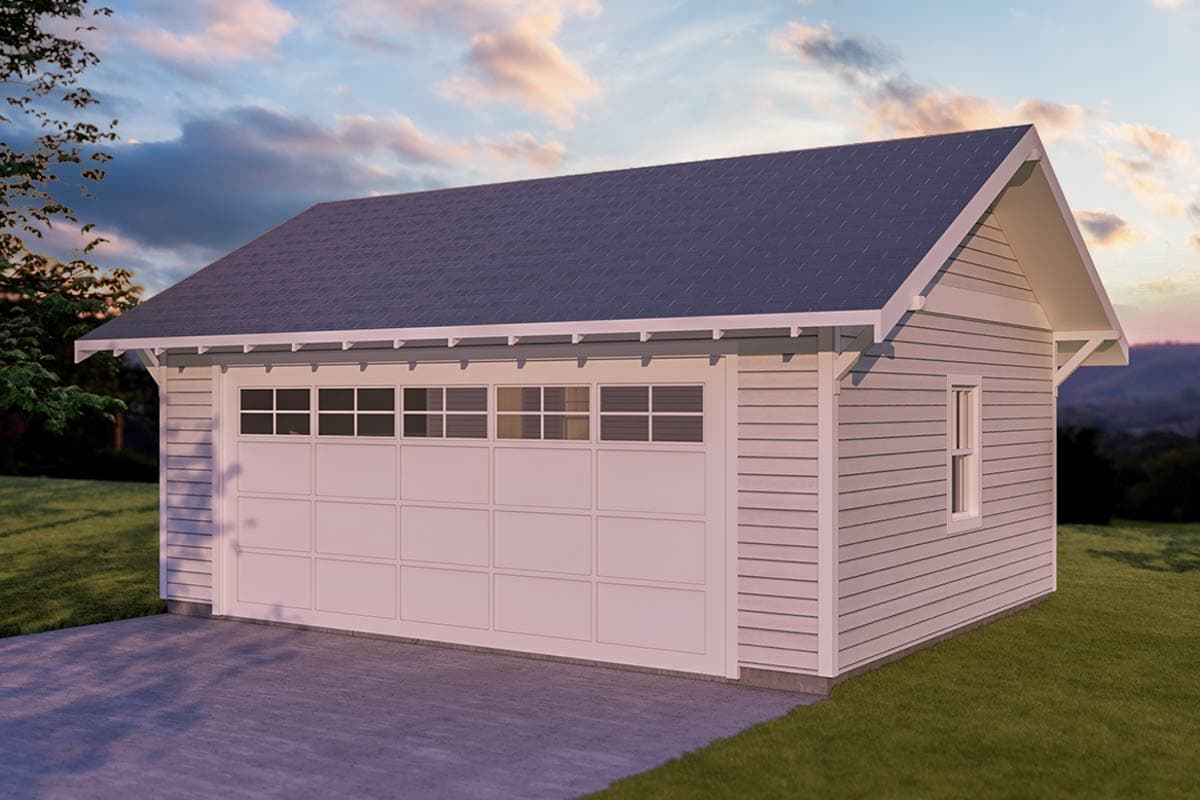 House plan exterior. One-story detached garage with gable roof. Features include a garage door with window inserts and a side window.