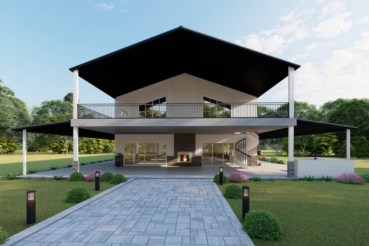 House plan exterior: Modern style, two stories, large covered decks, spiral staircase, and stone fireplace.