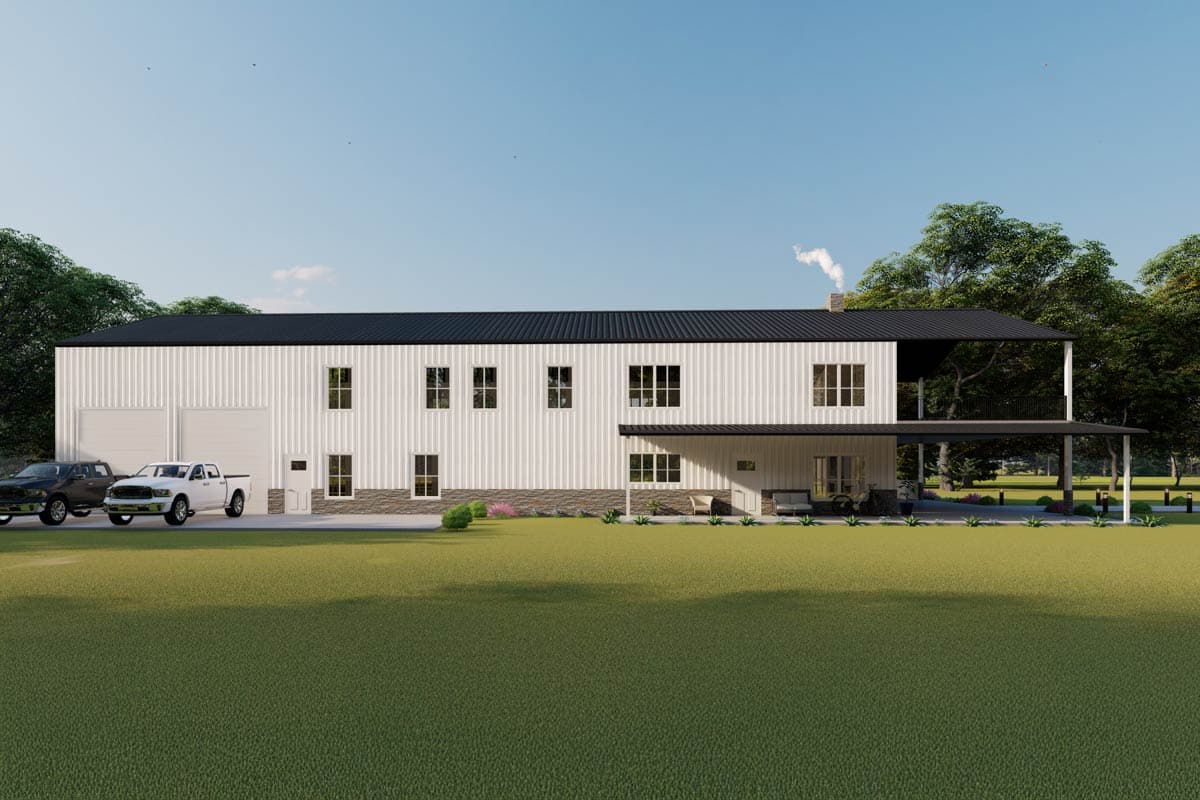 House plan exterior: Two-story modern home with white metal siding, black roof, two-car garage, covered front porch, and upper balcony.