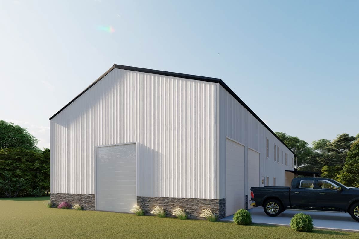 House plan exterior: large white metal building with multiple garage doors, stone base, and a pitched roof.