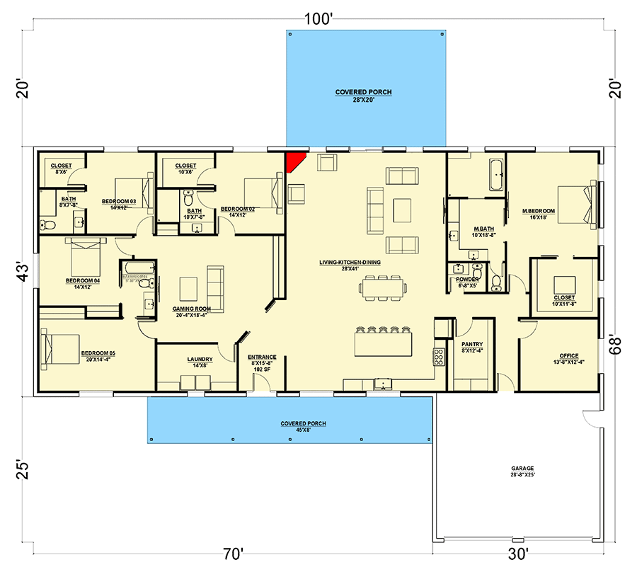 Plan 530142KTE: Single Story Country Barndominium Plan with 5-Bedrooms - 4300 Sq Ft - Floor Plan - Main Level - Barndominium, Country, Southern