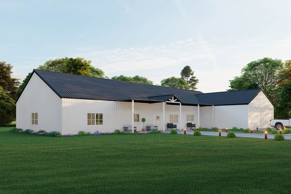 House plan exterior: Ranch style, white vertical siding, dark metal roof, covered porch with support beams, gabled entrance.