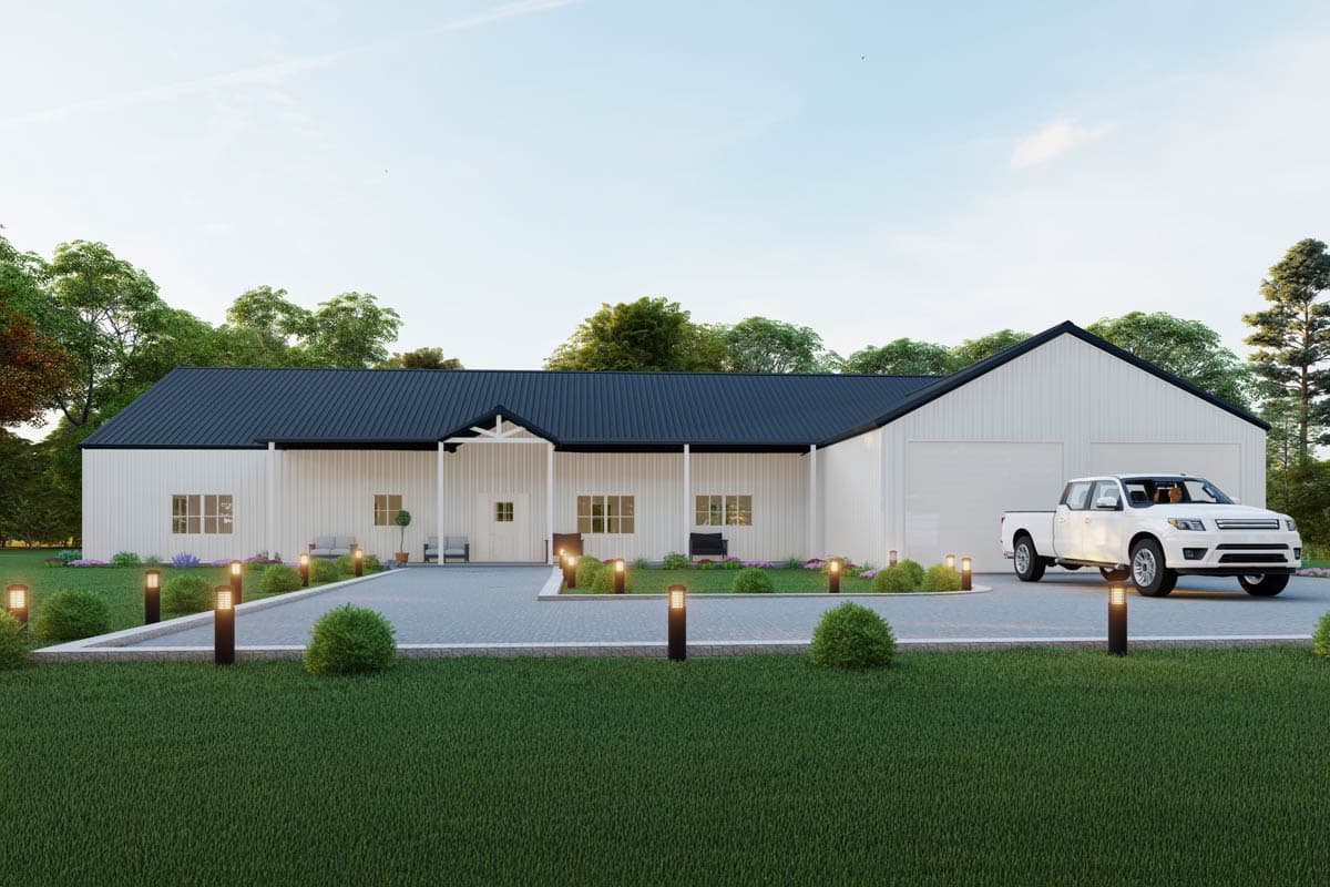 House plan exterior. Modern farmhouse style with black metal roof. Features include a covered porch, two-car garage, and a shed-style roofline.