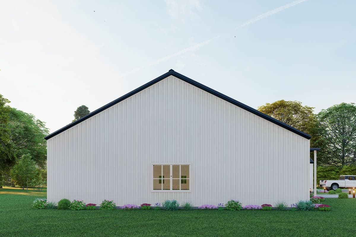 House plan exterior of a white Modern Farmhouse with a gabled roof and one window on the side.