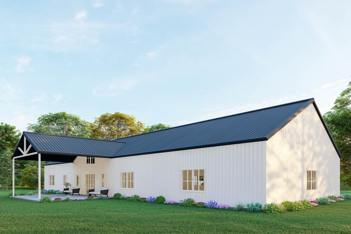 Modern Farmhouse house plan exterior, one story, with gabled covered porch, white vertical siding, and dark metal roof.